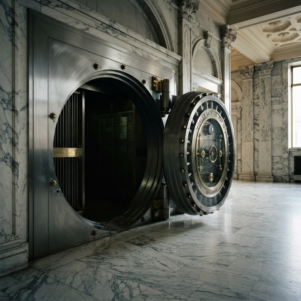 An open steel bank vault door in a marble lobby