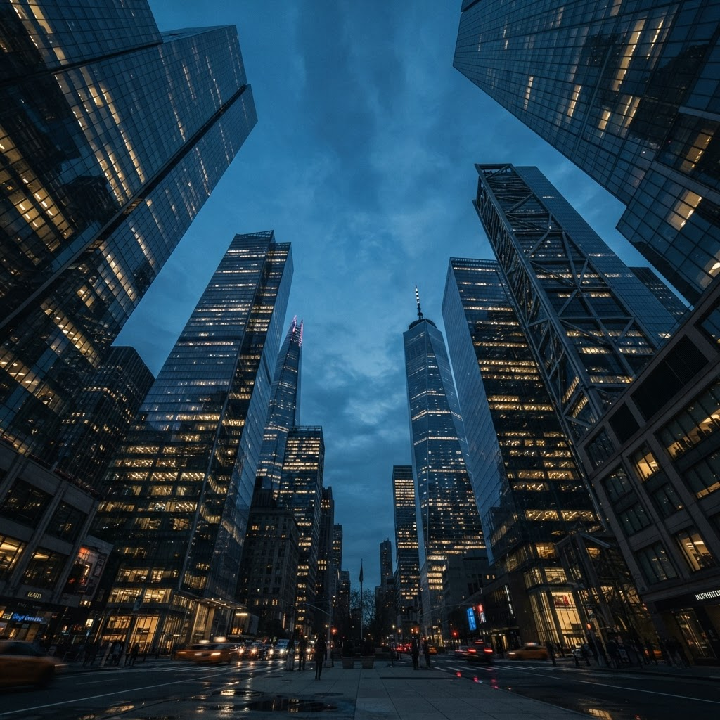 Financial district skyscrapers photographed from below at dusk