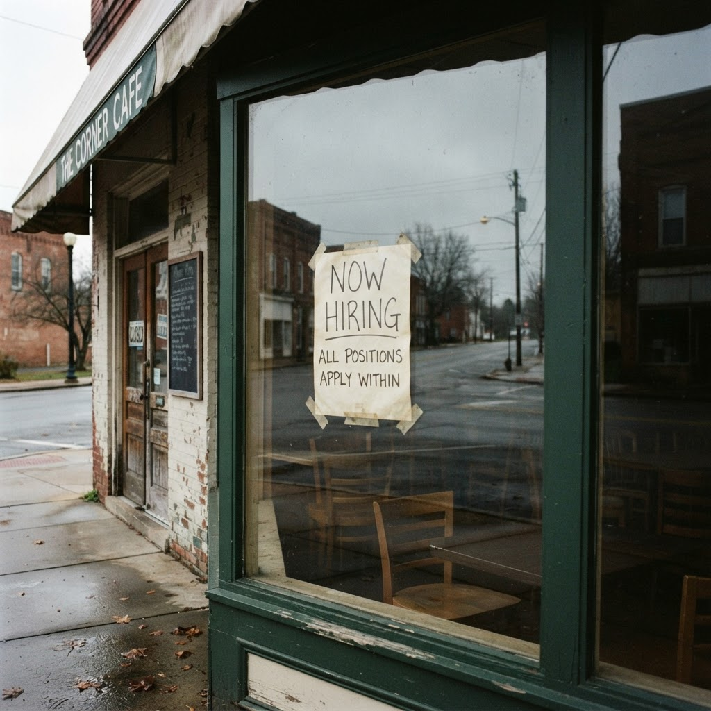 A faded now hiring sign taped inside the window of a small business storefront