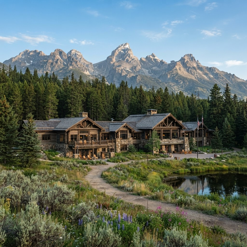 A timber conference lodge below the Teton mountain range in late summer light